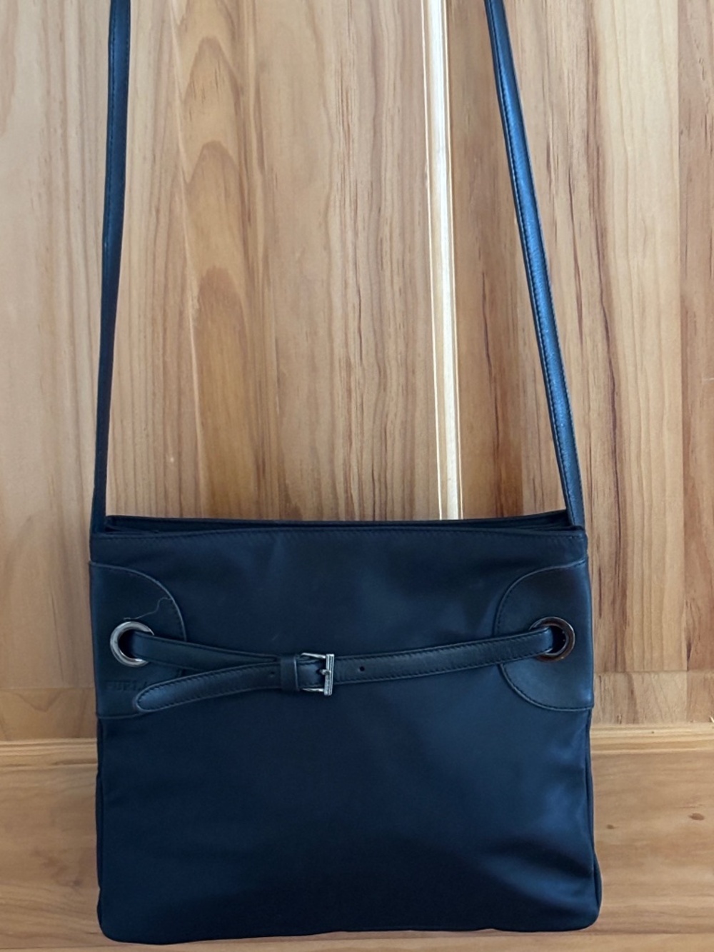 Furla Black Nylon Leather Trim Crossbody Bag Lightweight Travel Purse Italy